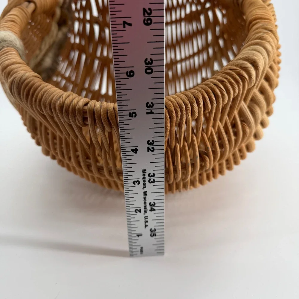 Vintage Woven Rattan Wicker Basket Twisted Handle Beaded Tassel Cottage Boho